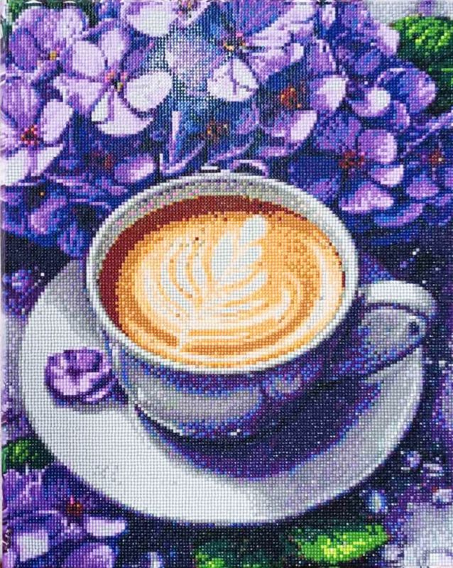 Coffee with hydrangeas. 40*50 cm. Set with rhinestones on a stretcher