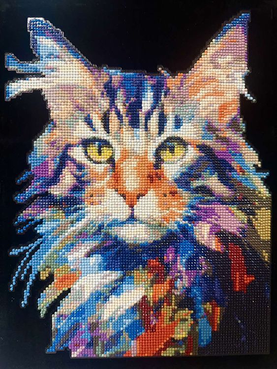 Colorful cat, 30*40cm. Set with rhinestones on a velvet stretcher