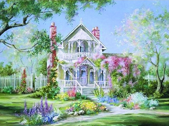 Romantic house, 40*50 cm. Set for creativity with rhinestones on a stretcher