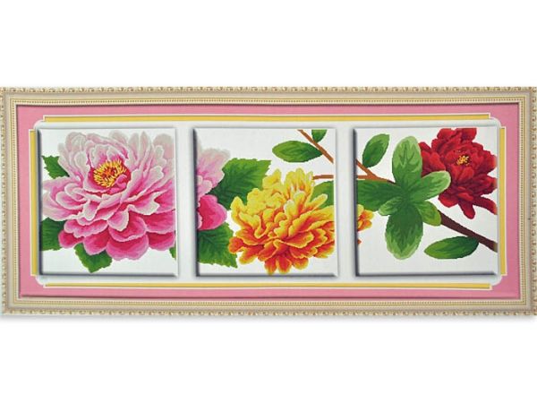 Kit embroidery cross Triptych of Colorful peonies