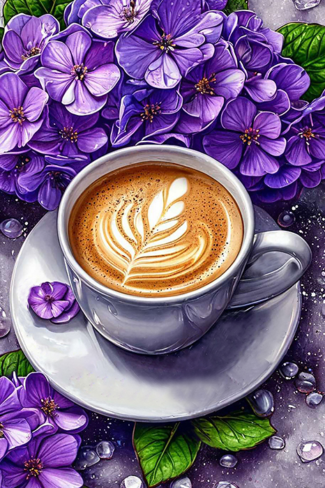 Coffee with hydrangeas, 20*30cm. Craft kit with rhinestones on a stretcher