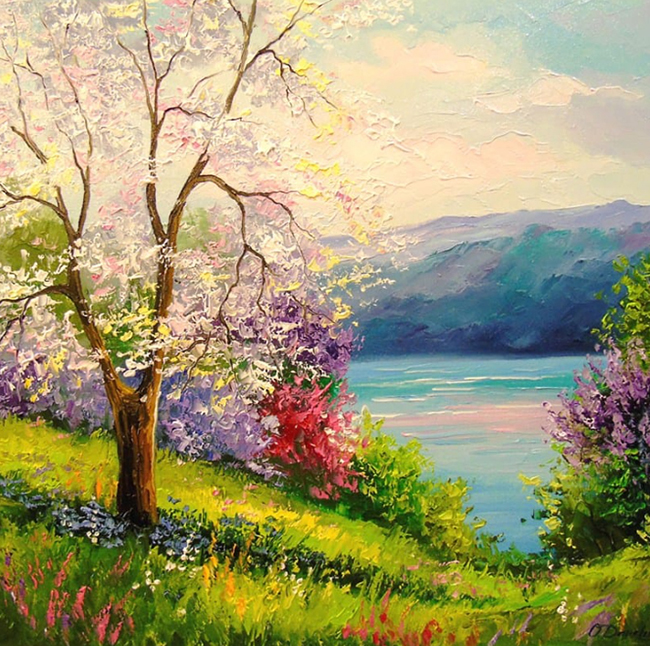 Cherry blossoms on the shore of the lake. Darchuk O. 30*30 cm / USet for creativity with rhinestones on a stretcher