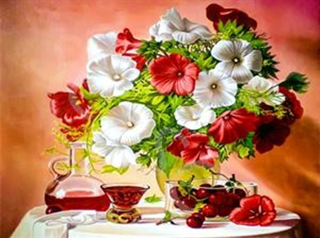 Still life with cherries, 50*40cm. Set with rhinestones (canvas+holder)