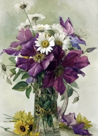 Great violet clematis and white chamomile. Art. Paul de Longpre 40*50 cm. Set for creativity with rhinestones on a frame