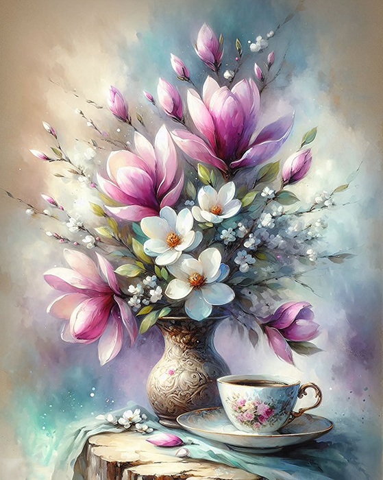 Coffee with magnolias, 40*50 cm. Set with rhinestones on a stretcher