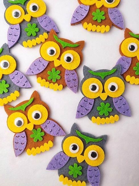 Decorative felt product Wise Owl, 6 cm, mix, 10 pcs per pack.