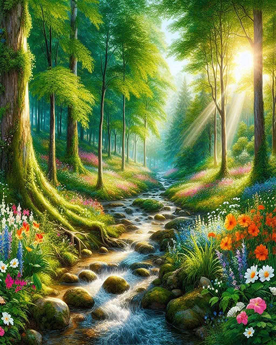 Dawn in the forest, 40*50 cm. Set with rhinestones on a stretcher