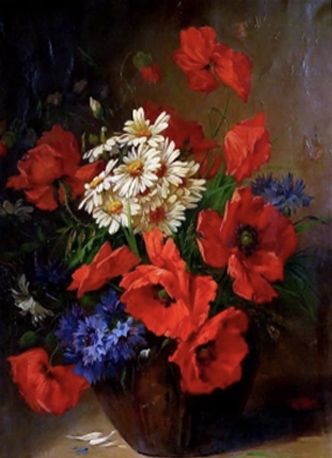 A bouquet of  poppies. Victor-Leopold Berthier 40*50 cm. Set for creativity with rhinestones on a stretcher