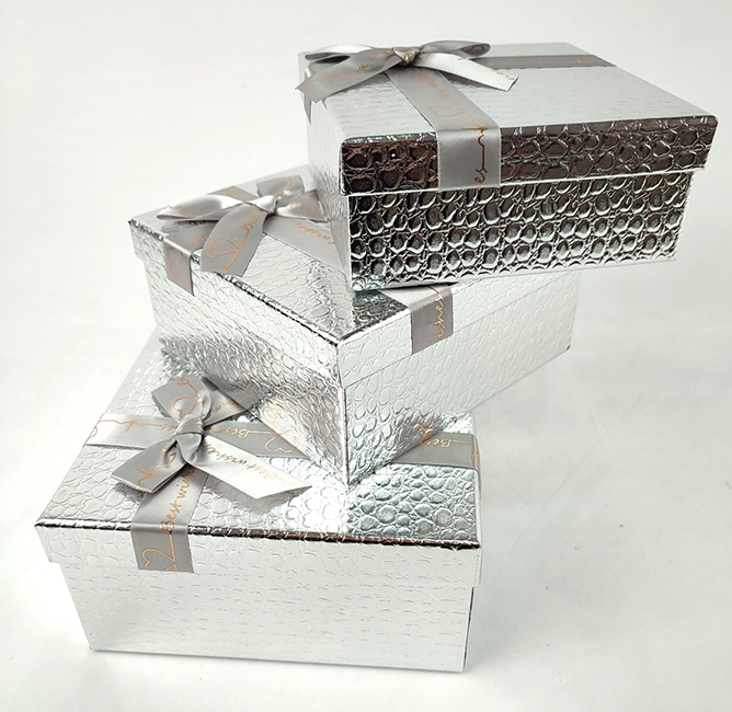 Set of gift boxes 3 pcs. in a pack. silver square shiny, with embossing