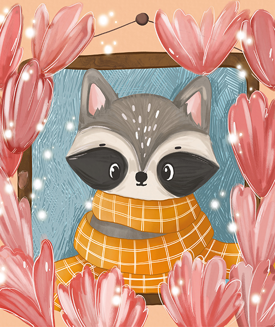 Raccoon Winter. Siver O. 21*25 cm. Set for creativity with rhinestones on cardboard
