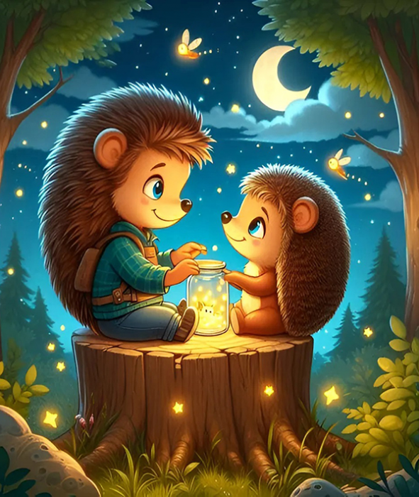 Hedgehogs and fireflies. 23*30 cm, 5D. A set with rhinestones on a stretcher