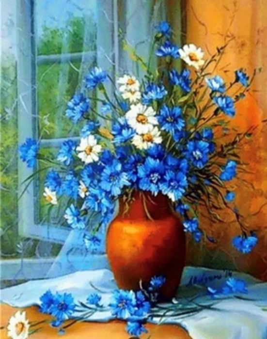 Cornflowers and daisies 40 * 50 cm. A set for creativity with rhinestones on a stretcher