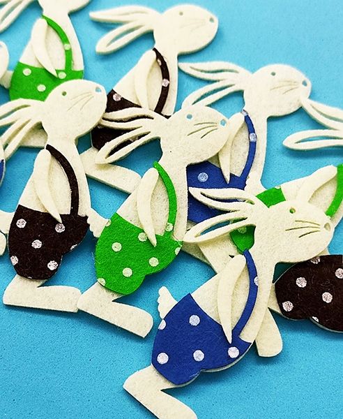 Decorative felt product Rabbit in pants, 8.5 cm, mix of colors, 30 pcs in a pack.