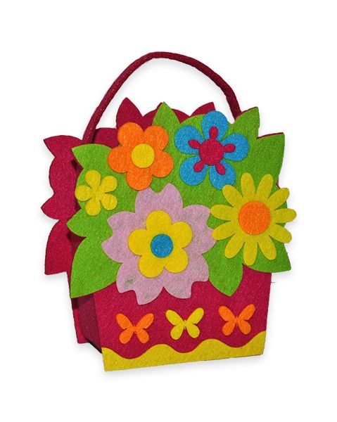 Basket felt flower Bouquet 15*13 cm, raspberry