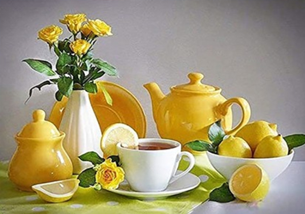 Tea with lemon, 40*50 cm. Set with rhinestones on a stretcher