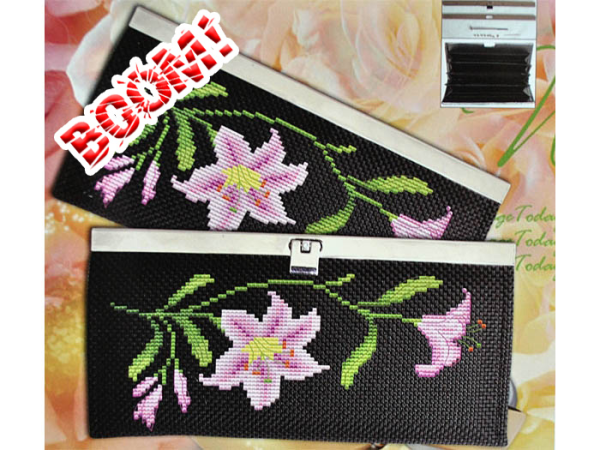Set embroidery Wallet Pink lilies