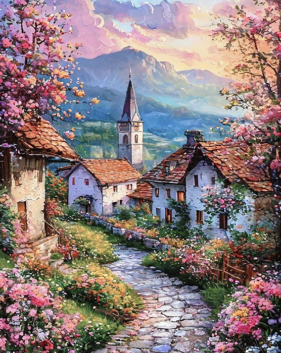 Pink morning. 40*50 cm. Set with rhinestones on a stretcher