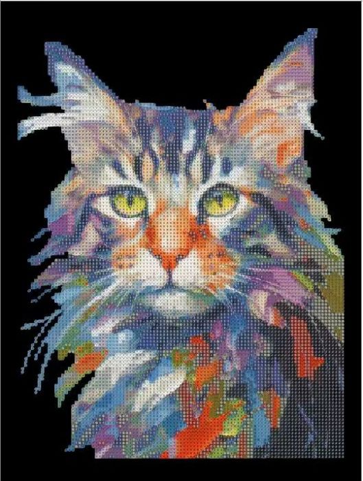 Colorful cat, 30*40cm. Set with rhinestones on a velvet stretcher