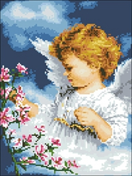 Angel with flowers, 40*50cm. Set with rhinestones (canvas+holder)