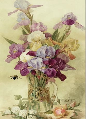 Still life with bumblebee and irises.  Paul de Longpre 40*50 cm. Set for creativity with rhinestones on a stretcher