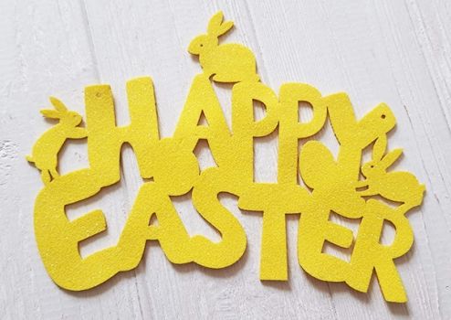 Decorative item Happy Easter inscription 15*20 cm, yellow pendant