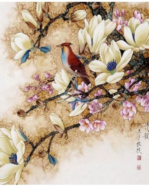 Bird and magnolia 40*50 cm. Set for creativity with rhinestones on a stretcher