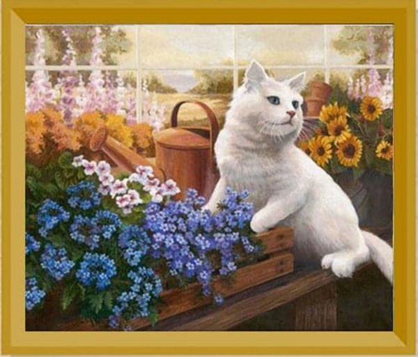 Cat and forget-me-nots 21*25cm. Set for creativity with rhinestones on cardboard 5D