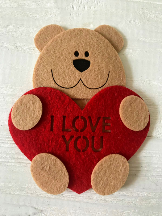 A decorative felt product Bear cub with a heart, 10 cm, 10 pcs in a pack