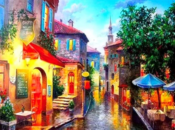 Cozy street 30 * 40 cm. A set for creativity with rhinestones on a stretcher