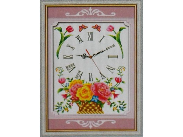 Kit embroidery cross Hours with a basket of peonies