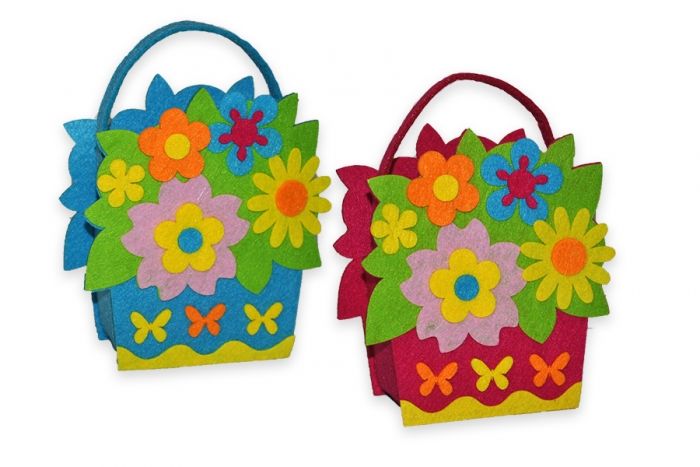 Basket felt flower Bouquet 15*13 cm, raspberry